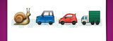 Guess The Emoji: Emojis Snail with shell, Blue car, Red car, Semi truck Answer